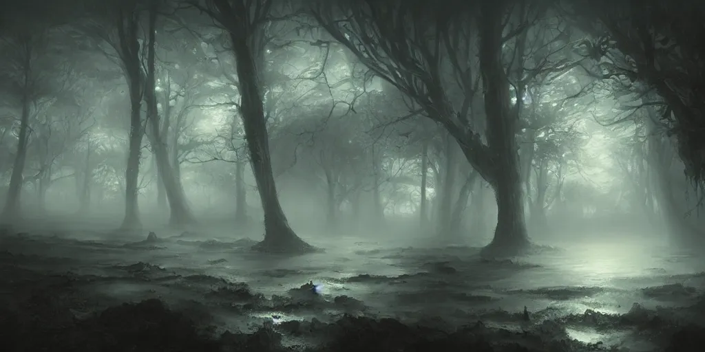 Image similar to a thick swirling fog, soft lighting, night, unreal engine, digital art, 8 k, oil painting, fantasy art, illustration, detailed and intricate environment