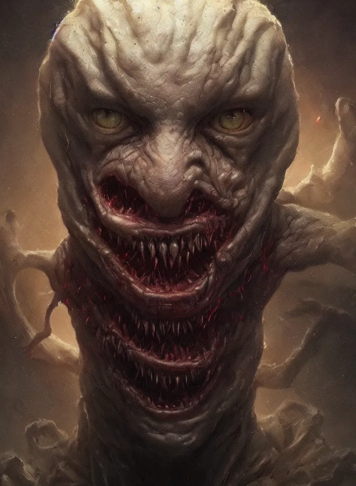 Prompt: a face portrait of a creature invoking fear, art by greg rutkowski, stranger things, horror setting, dark lighting, matte painting, trending on artstation, very detailed