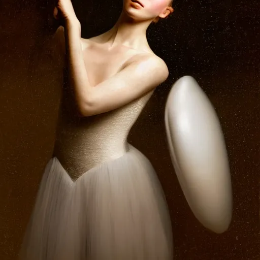 Image similar to portrait of a ballerina with a beautiful porcelain face dressed in a venecian mask, rain, cinematic light and reflections, beautiful dreamy lighting, photographed by annie leibovitz, zbrush,
