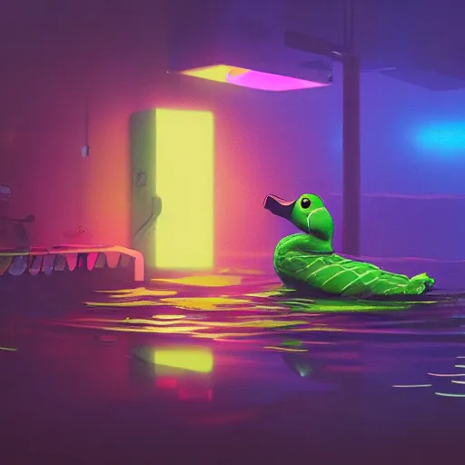 Prompt: a duck and a frog having a fight in a pond, painterly, neon colors, cyberpunk, cinamatic, diffused light, simon stalenhag,