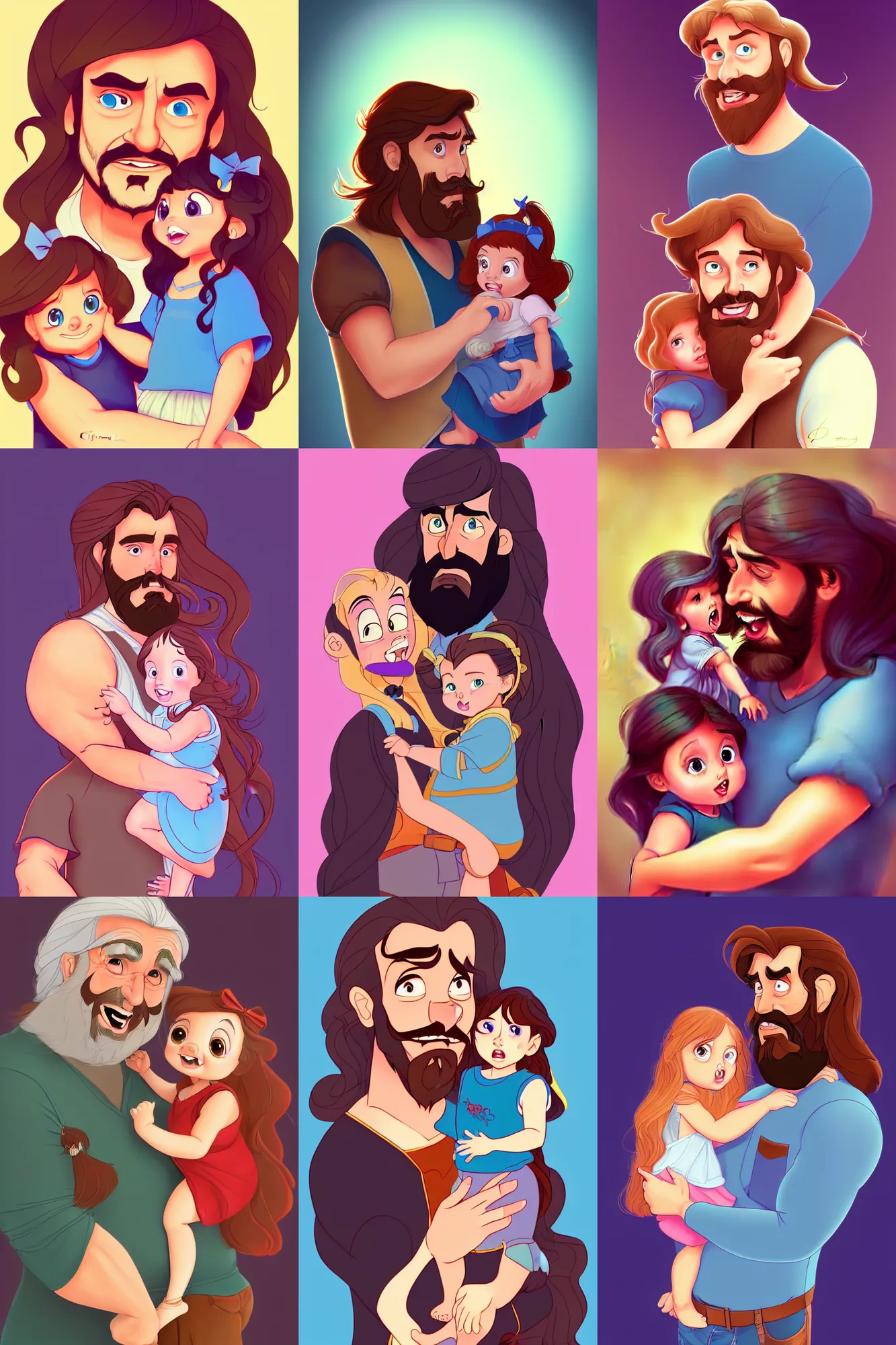 Image similar to a long - haired bearded father and his child toddler girl full color digital illustration in the style of don bluth, artgerm, artstation trending, 4 k