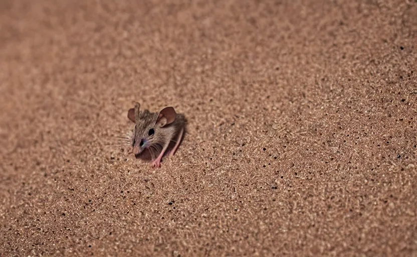 Prompt: a small desert mouse riding on the back of the giant sandworm, macro photography