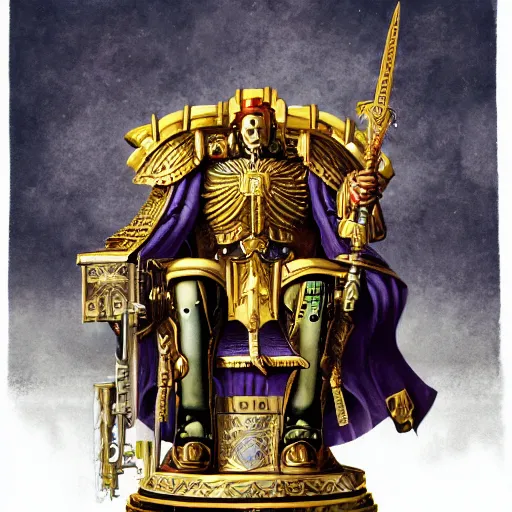 Image similar to Illustration of The Emperor on his Golden Throne. Warhammer 40k