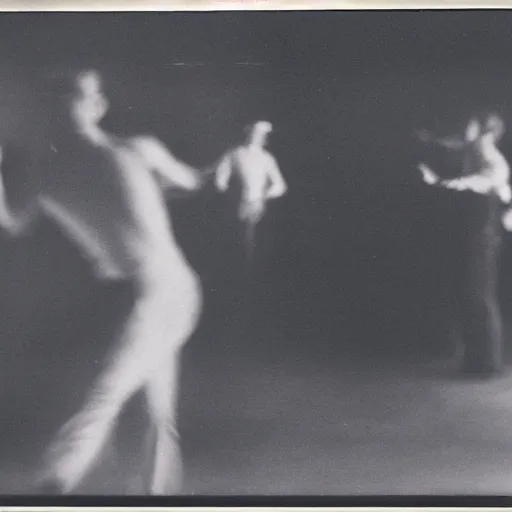 Image similar to a smudged, grainy and blurry photograph showing the whole body of a man dynamically and frenetically dancing in a dark room, edwardian photograph, taken with soviet flash camera at slow shutter speed