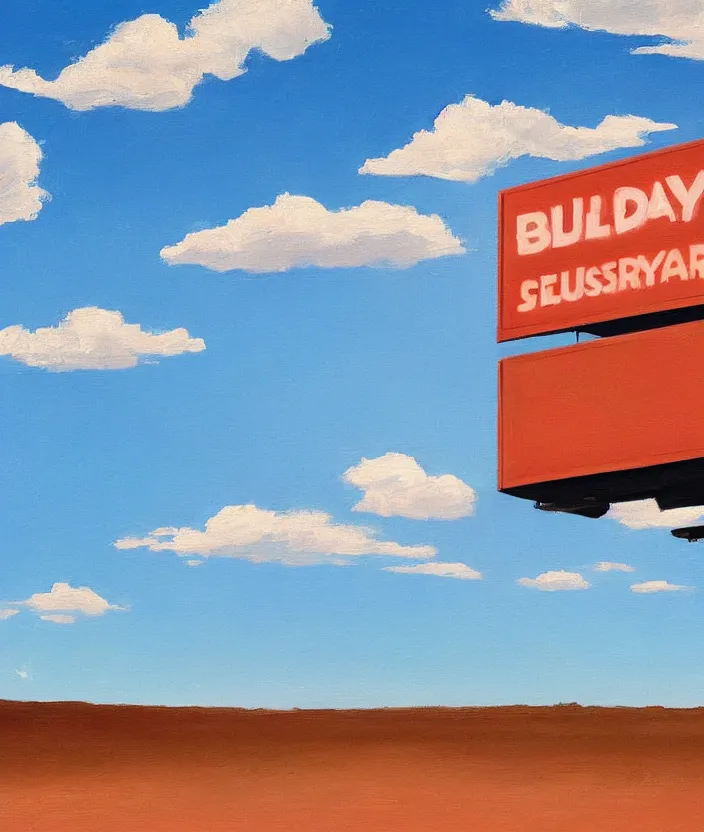 Prompt: a very detailed painting of a billboard in the empty desert, baby blue sky with very aesthetic stylized clouds, in the style of edward hopper, very small brushstrokes, 4 k,