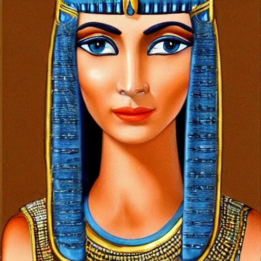 Image similar to real Cleopatra in ancient egypt, perfect, hyperrealistic and ultra detailed face , wild blue eyes and brown, short and straight hair