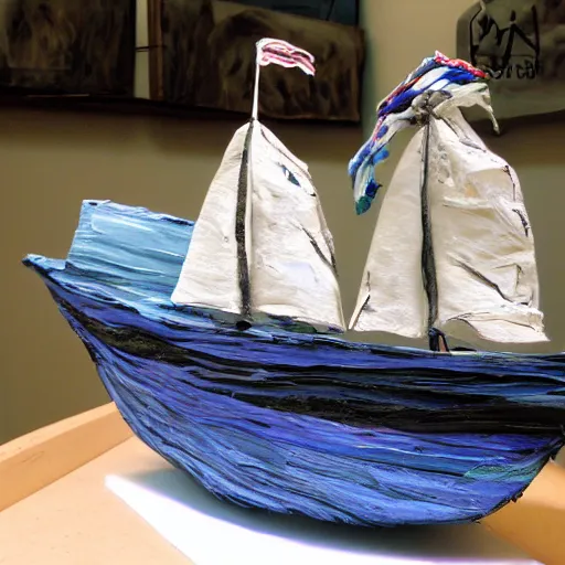 Prompt: my buddy buying a sailboat, paper mache, detailed