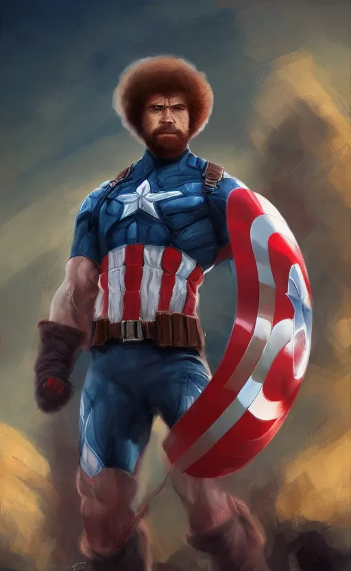 Image similar to bob ross as captain america, dynamic lighting, cinematic, ultra detailed, trending on art station, stunning visuals, creative, fantasy concept art