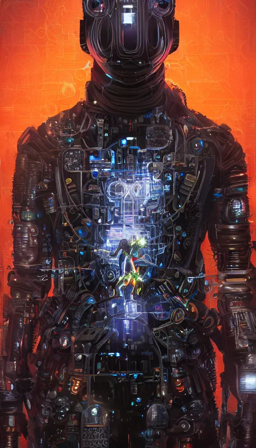 Image similar to full body head to toe portrait of a cyberpunk sci-fi cyborg netrunner bionic man, third person, D&D, sci-fi fantasy, matrix , intricate, black with shiny silver and orange fringe highlights, highly detailed, art by Range Murata, highly detailed, 3d, octane render, bright colors, digital painting, trending on artstation, sharp focus, illustration style of Stanley Artgerm, dramatic background