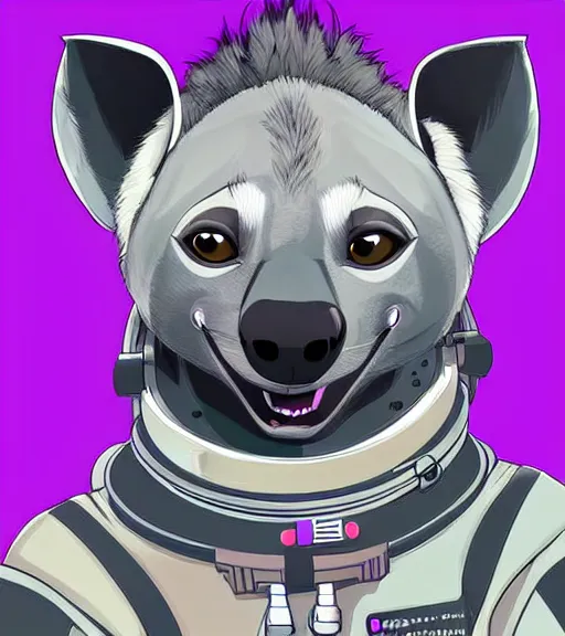 Image similar to digital detailed art of furry female hyena, in style of zootopia, fursona, furry, furaffinity, deviantart, wearing astronaut outfit, floating in space, space background, hyena fursona, cyberpunk, female, detailed face, style of artgerm,