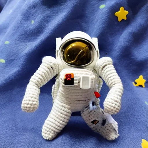 Prompt: a miniature amigurumi astronaut. Diorama. very Full Detailed. 4k. Macro 200 mm