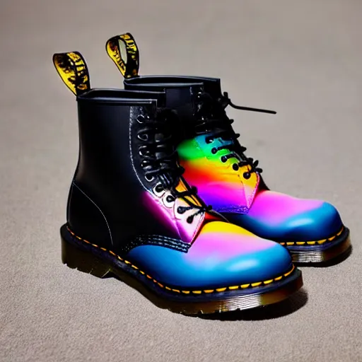 Image similar to a black leather dr martens boot with rainbow laces