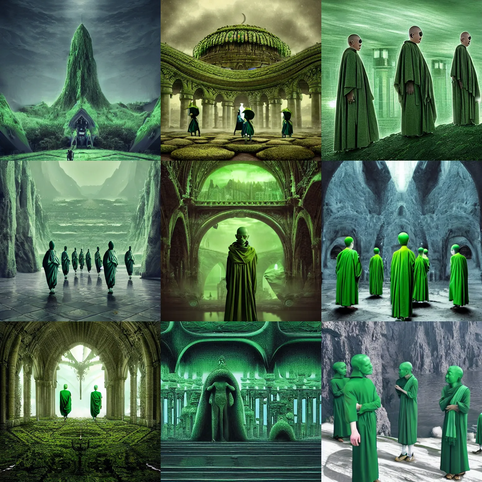 Prompt: a group of green monks and a beautiful, vast, photo - realistic, surreal, and mysterious sci - fi structure. trending on gothic art.