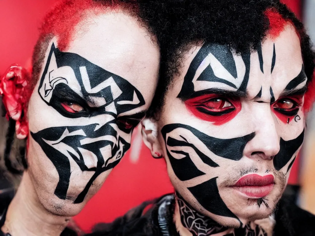 Image similar to wakanda forever, red black and white, ultraviolent, face tattoo