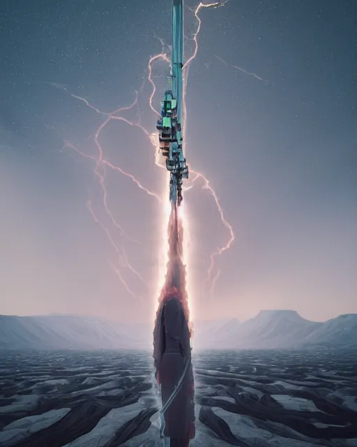 Image similar to a glowing female spirit of mother nature screams out in agony. drilling rigs bore into the earth in the background. wide shot, detailed, sharp, 8 k, award winning digital art by beeple.