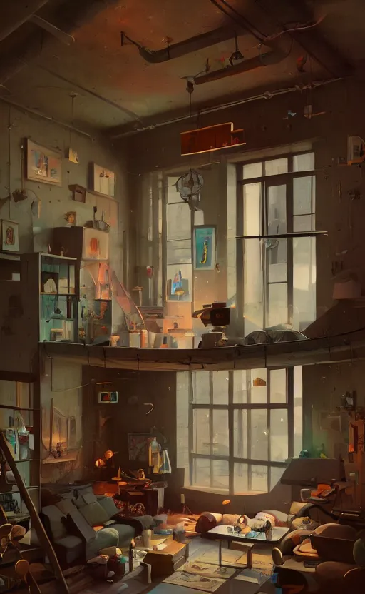 Image similar to Interior shot of a cozy loft by Petros Afshar and Beeple, James Gilleard, Mark Ryden, Wolfgang Lettl highly detailed