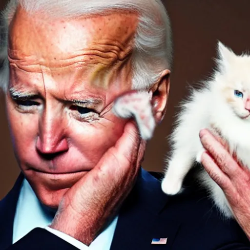 Image similar to a dramatic shot of joe biden holding a kitten
