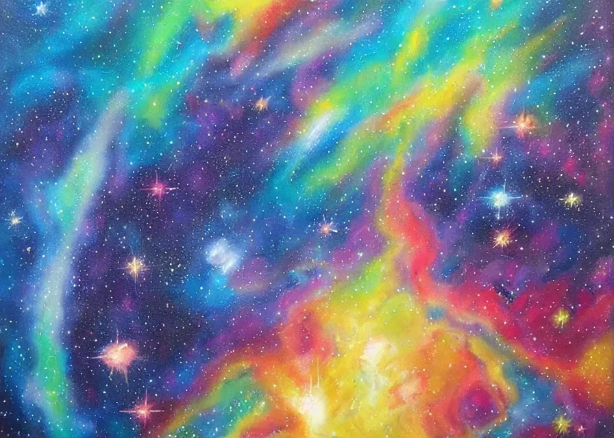 Prompt: spaceship flying over huge and colorful nebula, oil painting