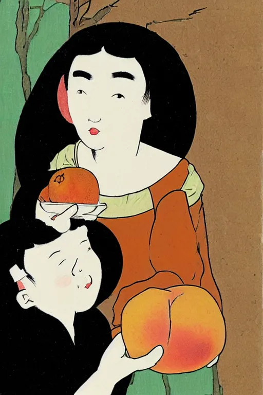 Image similar to portrait of a girl giving a peach to a large anthropomorphic asian black bear, in the style of foujita tsuguharu