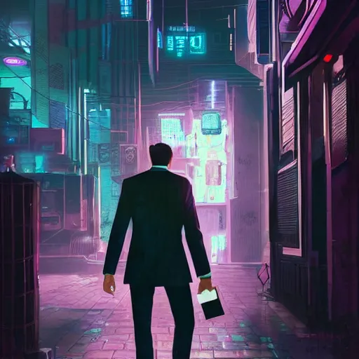 Prompt: bbusinessmen holding a briefcase, detailed digital illustration by greg rutkowski, cyberpunk back alley, nighttime, colorful lighting, android netrunner