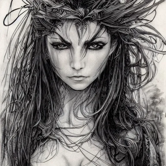 Prompt: a highly detailed portrait in the style of milo manara and in the style of luis royo.