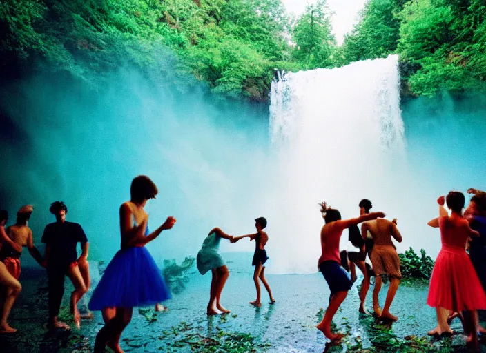 Image similar to people dancing under a waterfall highly detailed sharp zeiss lens 3 5 mm kodachrome film masterpiece ryan mcginley moonmilk fireworks trees nature running cave with blue ambient lighting