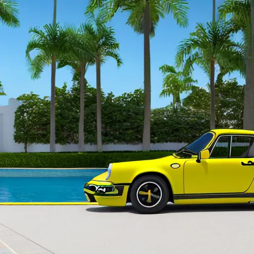 Prompt: a yellow 1 9 8 5 porsche 9 1 1 turbo in a palm beach swimming pool, 3 d render, unreal engine, 4 k