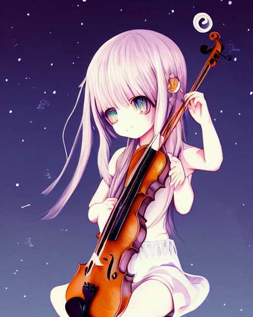 Image similar to chibi, cute, melancholy, full body, cat girl with white skin and golden long wavy hair holding a violin and playing a song, stunning art style, filters applied, lunar time, night sky, trending art, sharp focus, centered, landscape shot, fate zero, simple background, studio ghibly makoto shinkai yuji yamaguchi, by wlop