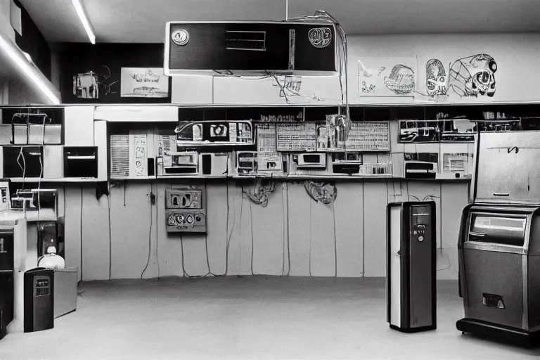 Image similar to large metallic skull attached to an infinitely long coiled cable, stoic and calm, inside of an unlit 1970s convenience store with a soviet computer console on the wall, ektachrome photograph, volumetric lighting, f8 aperture, cinematic Eastman 5384 film