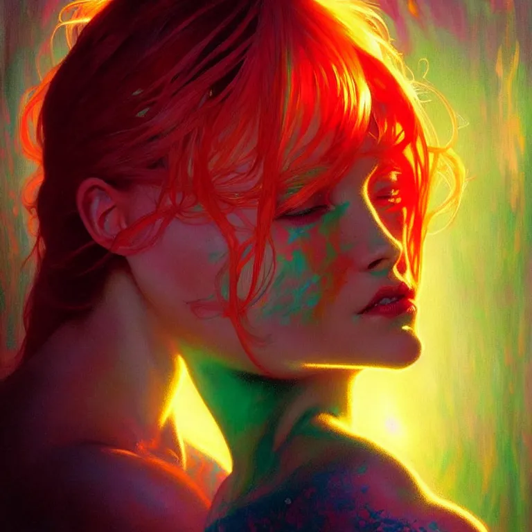 Image similar to bright asthetic portrait LSD glowing liquid, fantasy, intricate, elegant, dramatic lighting, highly detailed, lifelike, photorealistic, digital painting, artstation, illustration, concept art, smooth, sharp focus, art by John Collier and Albert Aublet and Krenz Cushart and Artem Demura and Alphonse Mucha