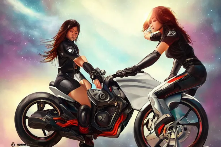 Prompt: a girl is riding a motorbike, the space background, digital painting by artgerm hyperdetailed trending on artstation trending on deviantart