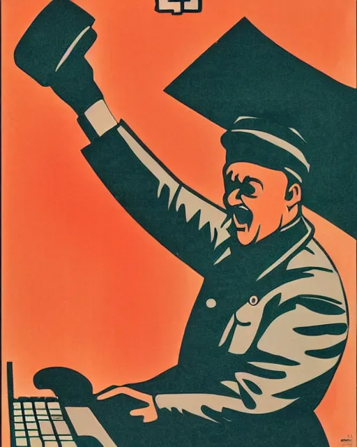 Image similar to soviet propaganda poster of an angry communist developer yelling at his computer