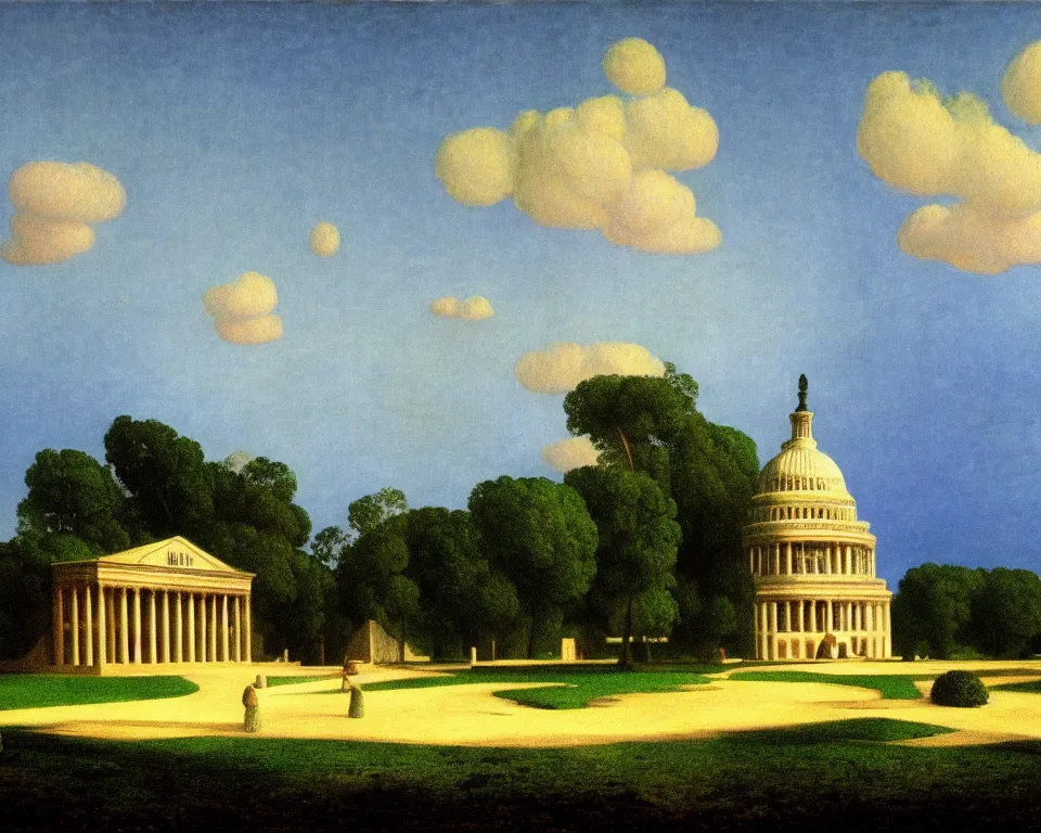 Prompt: an achingly beautiful print of a ruined U.S. Capitol in the Maldives by Raphael, Hopper, and Rene Magritte. detailed, romantic, enchanting, trending on artstation.