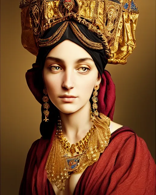 Prompt: photo of a gorgeous young bedouin woman wearing elaborate heavy baroque jewelry and headgear and rococo ornaments in the style of stefan kostic, realistic, sharp focus, symmetric, 8k high definition, insanely detailed, intricate, elegant, art by stanley lau and artgerm, William-Adolphe Bouguereau