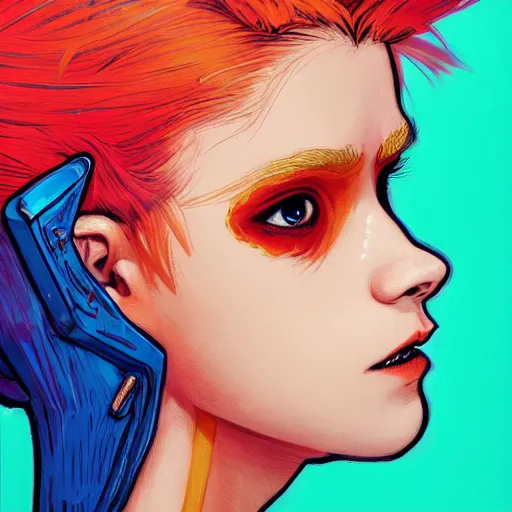 Image similar to portrait painting of a teenage girl with swept back wild orange hair and punk clothes, sharp focus, award - winning, trending on artstation, masterpiece, highly detailed, intricate. art by josan gonzales and moebius and deathburger