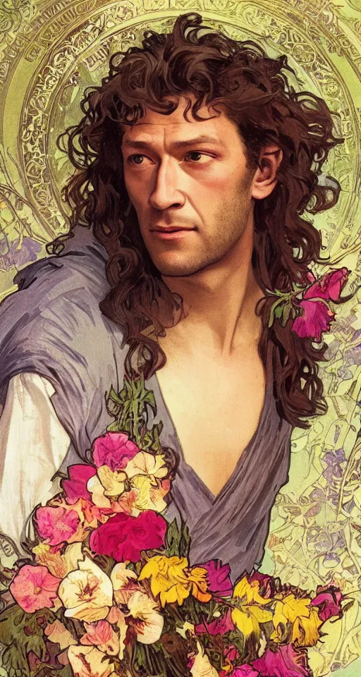 Prompt: close - up portrait of young romantic vincent cassel in le pacte des loups with long wavy hair, beautiful, holding colourful flowers bouquet, cinematic lighting digital art, highly detailed, sharp focus, byalphonse mucha, by leyendecker, by rutkowsky,