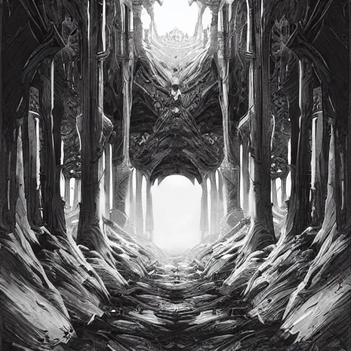 Prompt: symmetrical fantasy landscape, line art by greg rutkowski, b & w