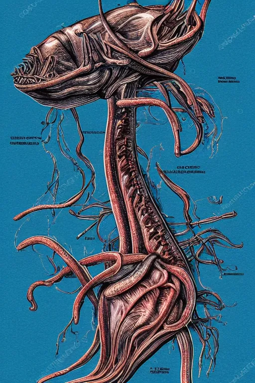 Image similar to anatomical encyclopedia illustration of a disturbing deep sea creature, photorealistic, diagram