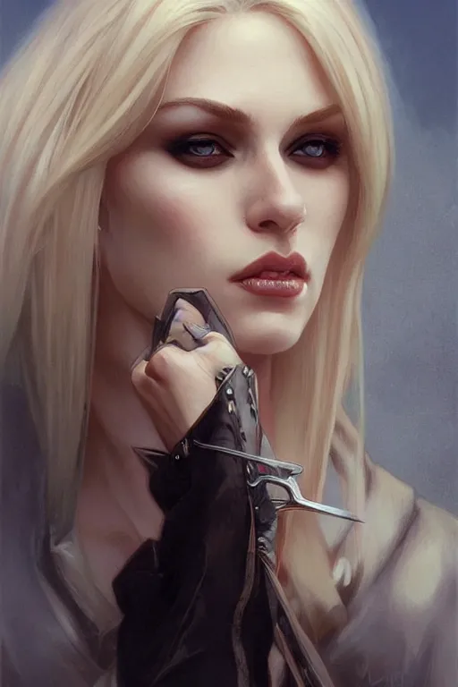 Image similar to portrait of a blonde vampire, dark, piercing eyes, gentle expression, elegant clothing, photorealistic, highly detailed, artstation, smooth, sharp focus, art by michael whelan, artgerm, greg rutkowski and alphonse mucha