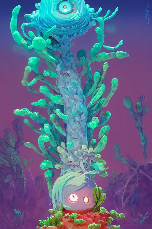 Image similar to roots cactus sushi cristal smurf ghost creature animal sushi cristal very big eye roots cactus elemental flush of force nature micro world fluo fishscale, behance hd by jesper ejsing, by rhads, makoto shinkai and lois van baarle, ilya kuvshinov, rossdraws radiating a glowing aura global illumination ray tracing hdr