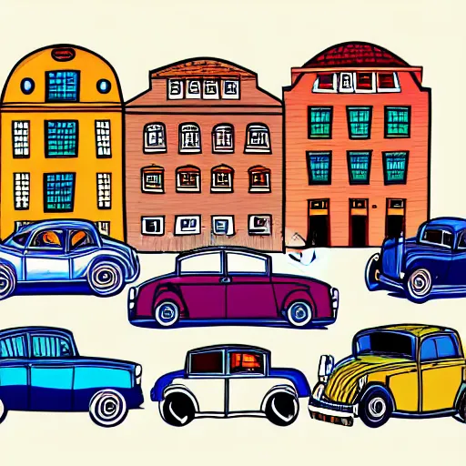 Image similar to book illustration of an old street with old cars, happy people, book illustration, colorful, white background, colorful image