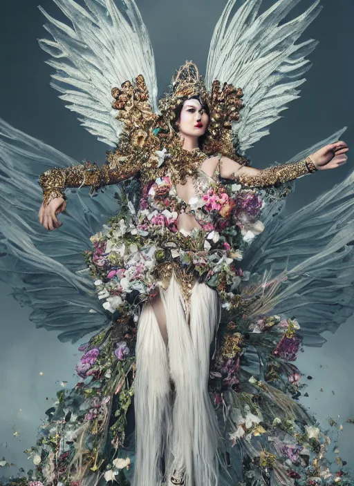 Image similar to full body environmental portrait photo of a goddess as angel, ornate headpiece made from flowers, ornaments, glamour shot by gemmy woud - binnendijk, chris knight, stefan gesell, photorealistic, canon r 3, fashion photography, ornate, elegant, luxury and elite, symmetrical features, octane render, unreal engine, solid dark grey background, dramatic lights