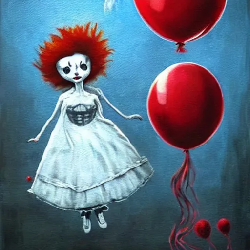 Image similar to grunge painting of the conjuring with a wide smile and a red balloon by chris leib, loony toons style, pennywise style, corpse bride style, horror theme, detailed, elegant, intricate