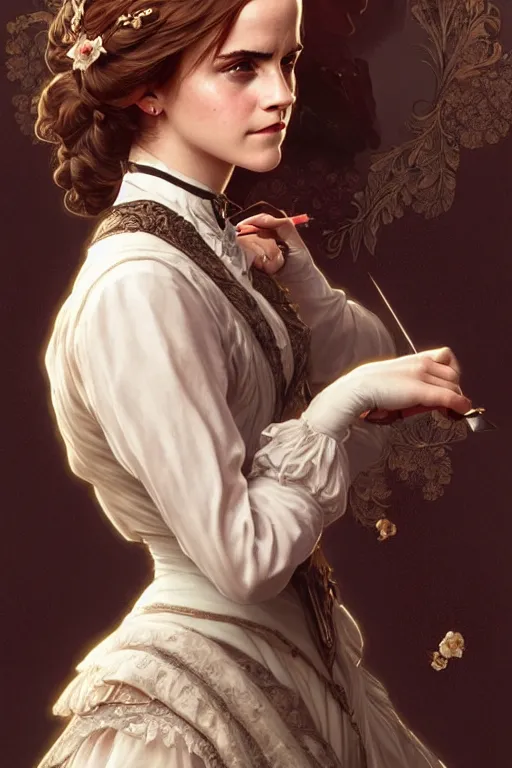 Image similar to Emma Watson dressed in a victorian fashion, D&D, fantasy, intricate, elegant, highly detailed, digital painting, artstation, concept art, matte, sharp focus, illustration, art by Artgerm and Greg Rutkowski and Alphonse Mucha