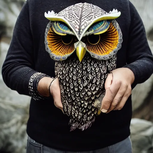 Prompt: photo man wearing ornate owl armour