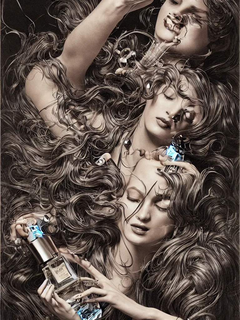 Image similar to fragrance advertising campaign by bernie wrightson, highly detailed