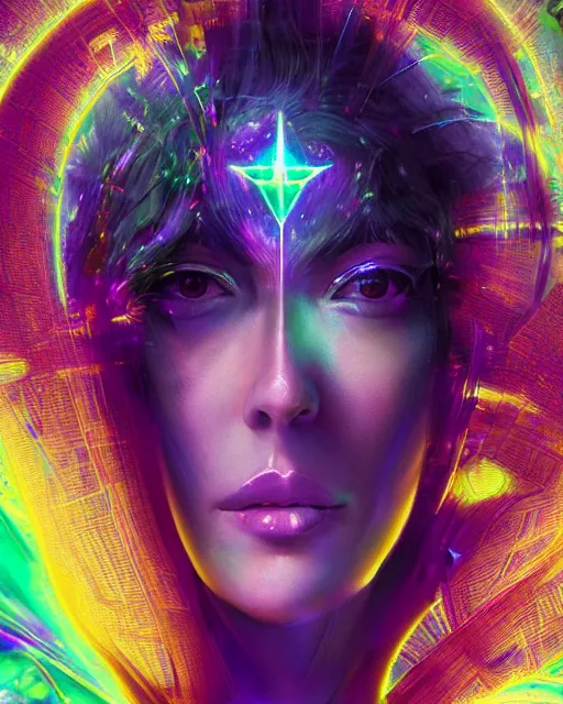 Image similar to a powerful energy psychedelic matrix priestess, by alexander fedosav, hyper detailed digital matte painting, concept art, hyperrealism, 1 6 k resolution, cinema 4 d, 8 k resolution, trending on artstation, behance hd, a masterpiece, by stephan martiniere, particles, cel - shaded, power bright neon energy, by david a. hardy,