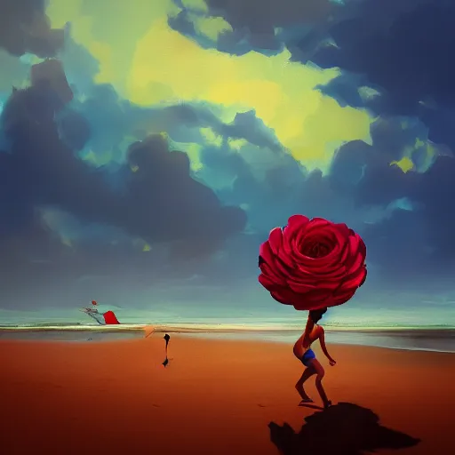 Prompt: portrait, giant rose flower head, girl running at the beach, surreal photography, sunrise, blue sky, dramatic light, impressionist painting, digital painting, artstation, simon stalenhag