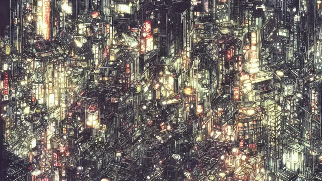 Prompt: futuristic japanese city illustration by star wars yoshitaka amano,