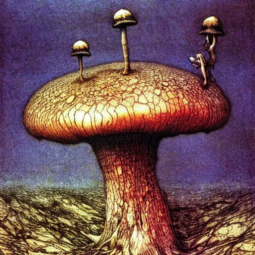 Image similar to strange mushroom by beksinski, luis royo and arthur rackham